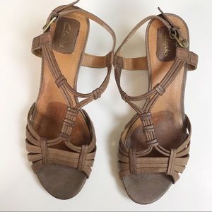 Clarks | brown leather cork heel wedges sandals